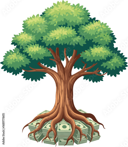 A lush tree with roots growing from a pile of money, symbolic of financial success and growth.