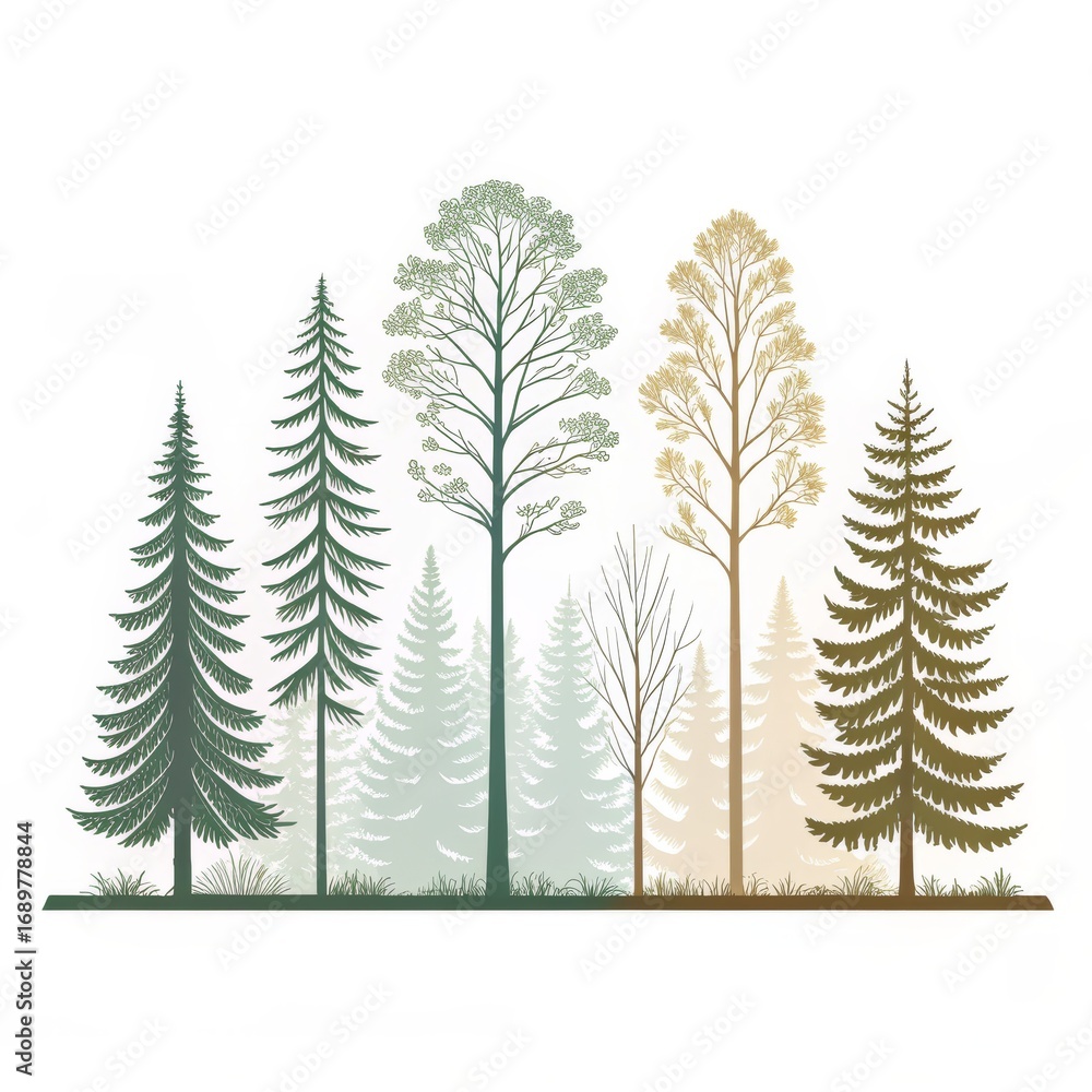Obraz premium Silhouette of various trees isolated on white background in vector format