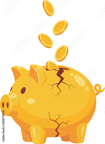 A cracked golden piggy bank with coins spilling out, symbolizing financial hardship or loss.