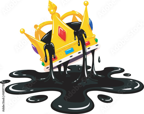 A golden crown is covered and surrounded by black, dripping oil.