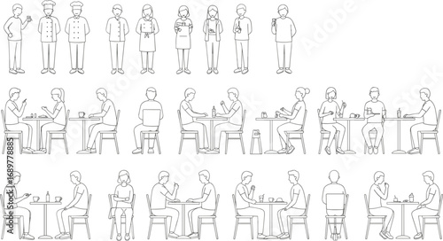 Vector line art people in cafe, sitting dining drinking coffee, chef waiter customer illustrations, modern cafe scene, restaurant characters, minimal restaurant staff and guests