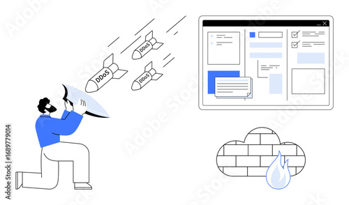 Man defending web platform from DDoS attacks using a shield, secure firewall, cloud protection. Ideal for cybersecurity, data protection, internet safety, IT security, risk management, threat
