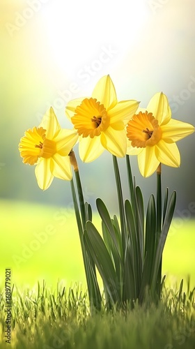 Three Yellow Daffodils Spring Flowers in Grass