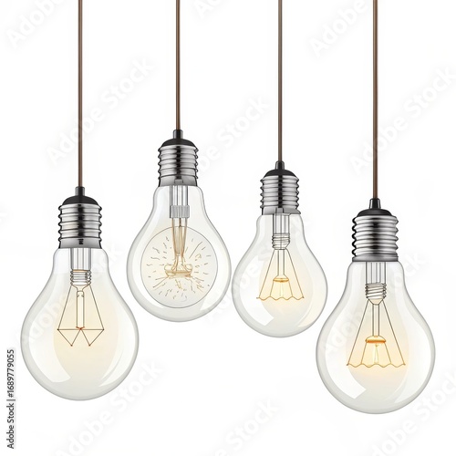 Four light bulbs hanging isolated on white background, representing ideas and innovation