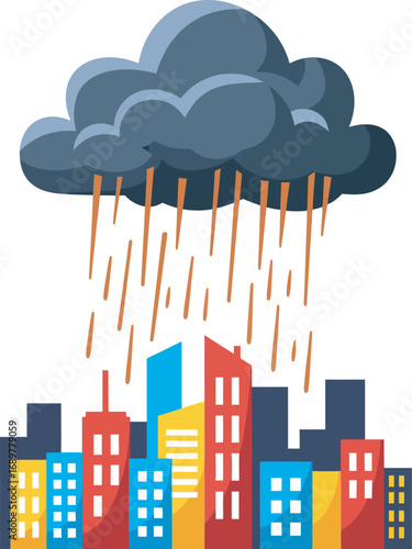 A dark storm cloud hovers over a colorful cityscape, releasing heavy rain down on the buildings.