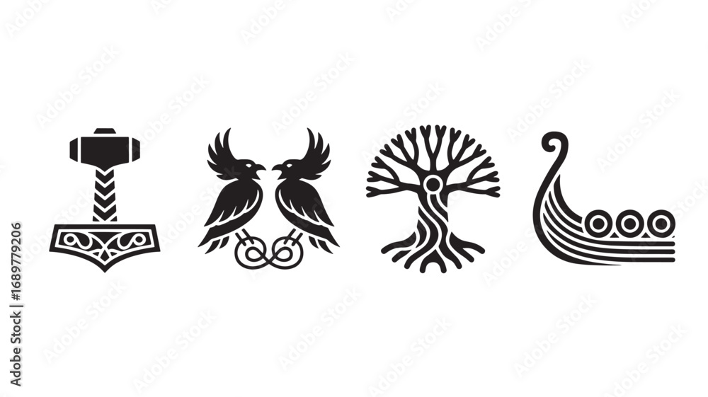 Obraz premium Norse Mythology Symbols Mjolnir, Ravens, Yggdrasil, Viking Ship - Vector Illustration