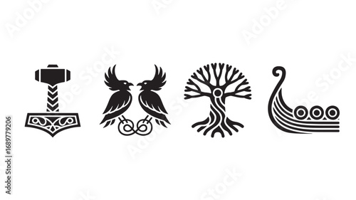 Norse Mythology Symbols Mjolnir, Ravens, Yggdrasil, Viking Ship - Vector Illustration