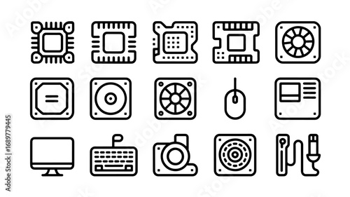 Computer Hardware Icons CPU, GPU, Cooler, Mouse, Keyboard, and More