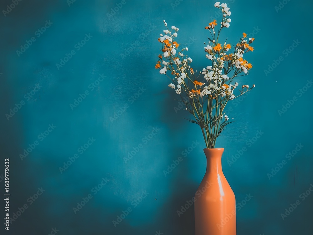 Obraz premium Orange Vase with White and Orange Flowers Teal Background Still Life Photography