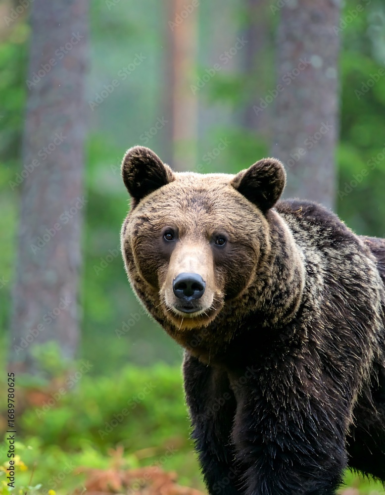 Obraz premium Majestic brown bear in a lush green forest setting