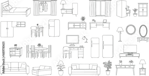 Set of minimalist black and white line drawings of furniture and home interior items, including sofa, table, lamp, refrigerator, bed, and more, isolated on white background
