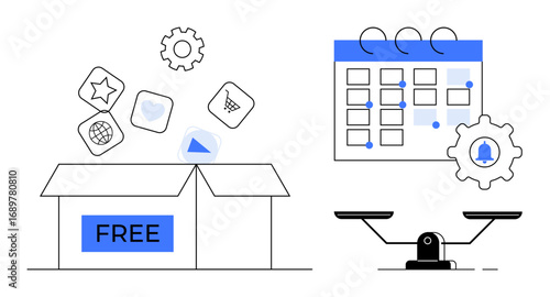 Open box labeled free and releasing app icons, next to a calendar, cogwheel reminder, and balance scale. Ideal for productivity, organization, resource planning, scheduling, balance management