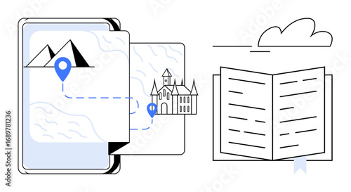 Tablet screen with map showing route markers toward castle, adjacent to open book, symbolizing knowledge, exploration, learning, and travel. Ideal for education, tourism, creativity storytelling