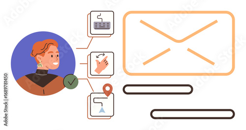 Profile with checklist, keyboard, hand gestures, pin icon, and envelope outline conveying email setup and automation. Ideal for task management, communication, productivity, user interface