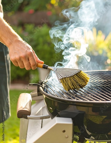 Man cleaning a grill outdoors with smoke rising