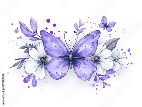 Lavender Butterfly Floral Watercolor Design Botanical Illustration