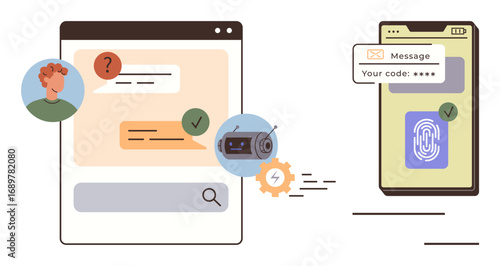 Smartphone with fingerprint scanner and code message. Chat with user, chatbot, and verification. Ideal for cybersecurity, authentication, safety, encryption messaging user login. Simple flat