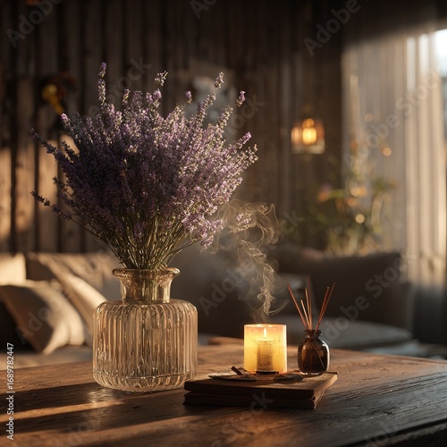 A wooden table with a bouquet of lavender in a vase, a lit candle, and incense in a bohemian and relaxed atmosphere, illuminated by warm candlelight, perfect for meditating and connecting with calm.