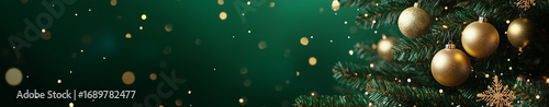 Green Christmas background with snowflakes and gold banner
