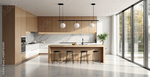 Wallpaper Mural Modern minimalist kitchen interior with natural wood cabinets, marble backsplash and large island in bright open space with panoramic windows. Ai generative Torontodigital.ca