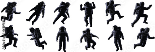 Set of astronaut silhouettes in various poses, black and white, in space suit, vector illustration, isolated, space exploration, astronaut activity, space suit, modern space mission