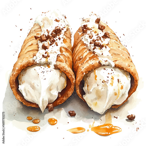 Cannoli, watercolor clipart vector, isolated on a white background.
