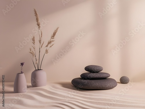 Serene Minimalist Scene, Sand, Stones, and Dried Flowers in Vases