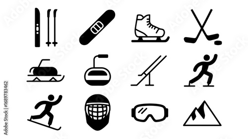 Winter Sports Icons Skiing, Snowboarding, Hockey, Ice Skating, and More