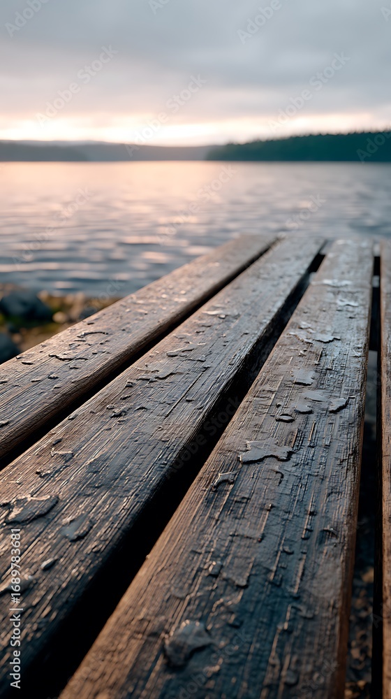 Obraz premium Tranquil Lakeside Dock with Water Drops at Sunset Reflections
