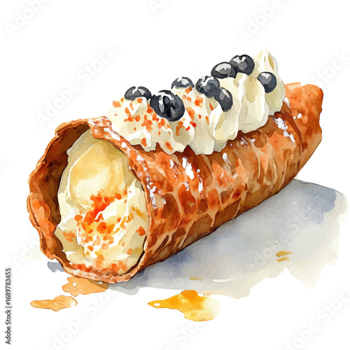 Cannoli, watercolor illustration vector, isolated on a white background.