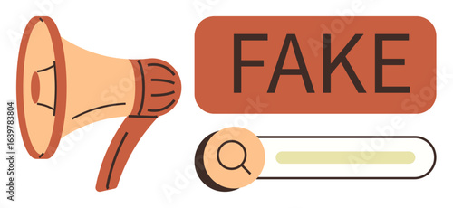Megaphone and bold text highlighting fake content near a search bar. Ideal for communication, media, fake news, misinformation, fact-checking, digital literacy, propaganda. Simple flat metaphor
