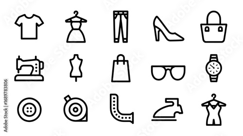 Fashion Design Icons Clothing, Accessories, and Sewing Tools - Line Art Vector Graphics