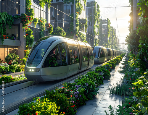 Futuristic automated tram system in a green city.