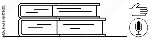 Stack of books represents education and reference material. Includes a friendly hand and microphone symbol for communication, audiobook themes. Ideal for education, reading, learning, teaching
