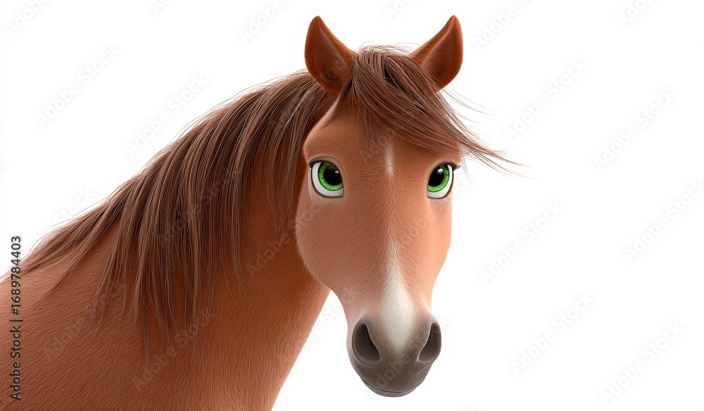 Obraz premium 3D rendered brown horse with bright green eyes and flowing long mane, presented in closeup view.