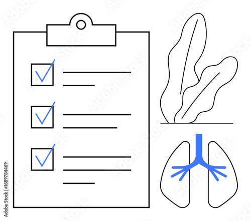Checklist with checkmarks, detailed lung diagram, and plant outline emphasizing health, wellness, and organization. Ideal for healthcare, fitness, eco-living, medical compliance diagnostics