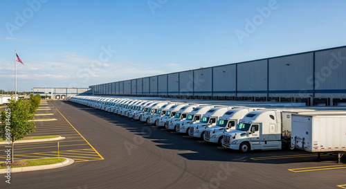 Logistics Park: A Fleet of White Semi-Trucks Parked at a Modern Distribution Center Under a Clear Blue Sky