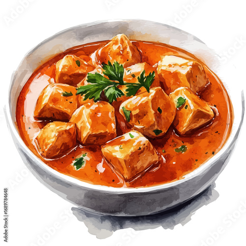 watercolor vector of Butter Chicken, isolated on a white background.