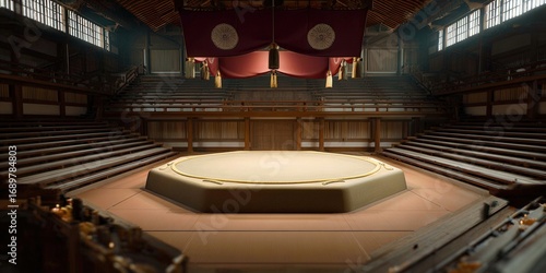 An empty sumo wrestling arena in Japan, ready for the next match or ceremony.