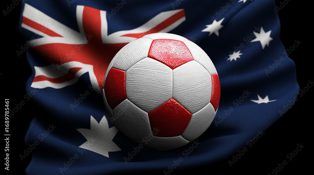 Fototapeta premium A soccer ball with red and white panels resting atop an australian flag backdrop