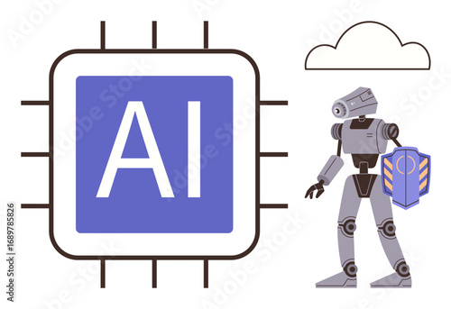 AI processor chip with circuits, robot holding shield, and cloud. Ideal for technology, innovation, artificial intelligence, robotics, security cloud computing futuristic themes. Simple flat
