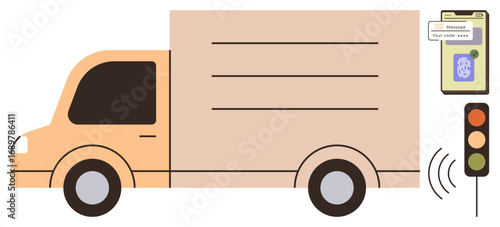 Truck moving near a smart traffic light sending a notification to a mobile device. Ideal for delivery, logistics, technology, traffic management, notifications, road safety, and communication. A