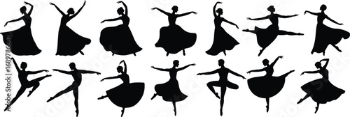Silhouettes of ballet dancers in graceful poses, elegant ballerina vector illustrations with flowing dresses, black dance figures isolated on white background for art, design, and performance themes