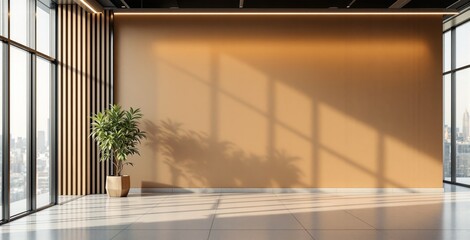 Modern interior with potted plant and wooden panel wall in sunlit office space with city view, creative minimalist concept design in warm tones. Ai generative