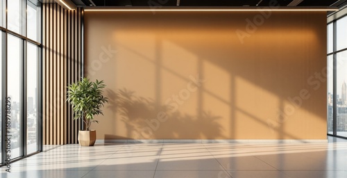 Wallpaper Mural Modern interior with potted plant and wooden panel wall in sunlit office space with city view, creative minimalist concept design in warm tones. Ai generative Torontodigital.ca