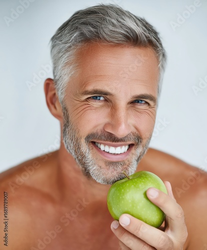 Smiling man holding a green...