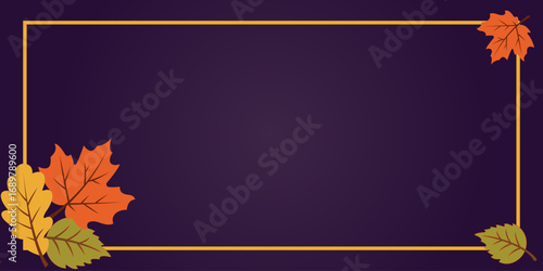 Autumn background with colorful fall leaves and golden frame on dark purple backdrop.