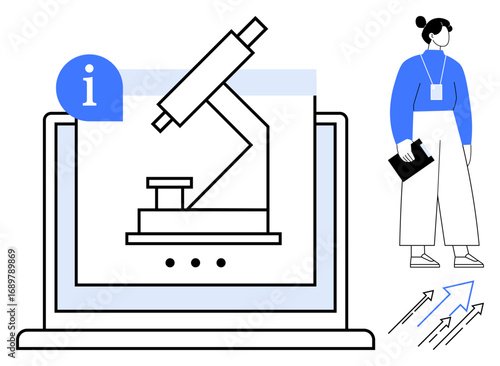 Microscope on laptop screen with information icon, arrows indicating progress, woman holding clipboard. Ideal for education, research, innovation, online learning, training, teamwork discovery