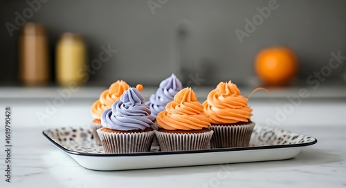 Artisan Cupcakes with Vibrant Orange and Lavender Swirled Frosting on a Patterned Tray.
