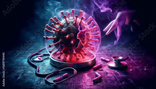 Deadly Virus Emerging from a Cracked Bacterial Shell in a Dark Lab with Purple Smoke and Neon Medical Lighting
